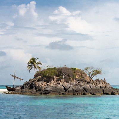Tropical rocky island with palm trees