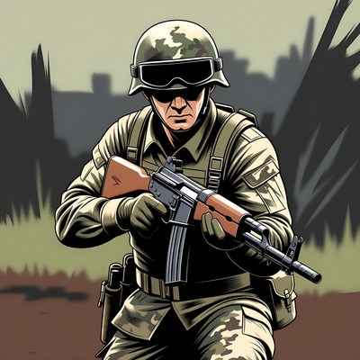 Soldier aiming rifle in urban ruins