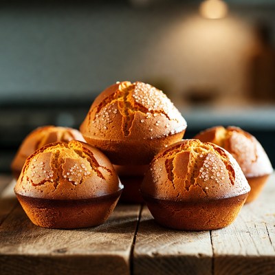 Stack of Sugared Muffins on Wooden Table