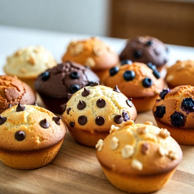 Assortment of Fresh Muffins on Wooden Table