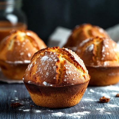 Fresh sugared muffins on dark table