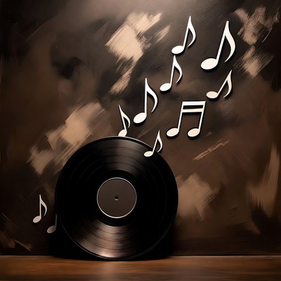 Vinyl Record with Flying Music Notes