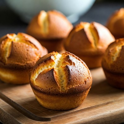 Fresh golden muffins on wooden board