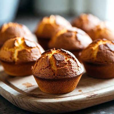 Fresh golden muffins on wooden board