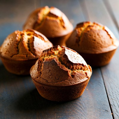 Fresh golden muffins on dark wood