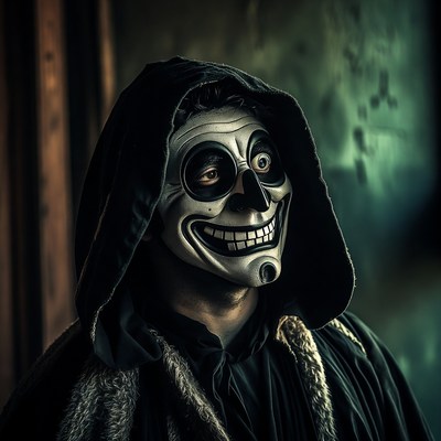 Man in grinning skull mask hood