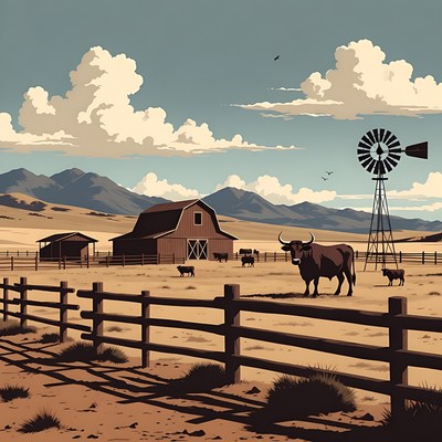 Red barn with cattle and windmill
