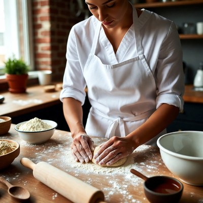 Woman kneading dough in kitchen
