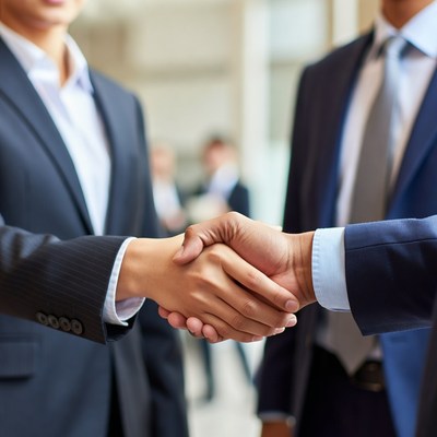 Asian businesswoman shaking hands with man