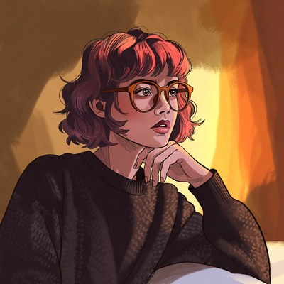 Woman with red hair in glasses