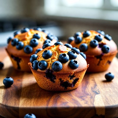 Blueberry Muffins on Wooden Board
