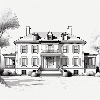 Colonial Mansion Sketch Illustration