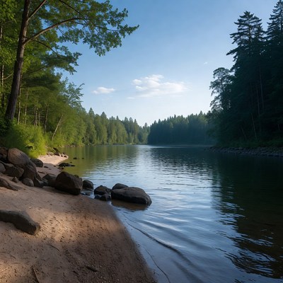 Serene Lake with Forest and Sandy Beach