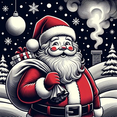 Santa Claus with sack on snowy hill
