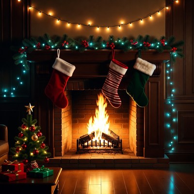 Christmas Fireplace with Hanging Stockings