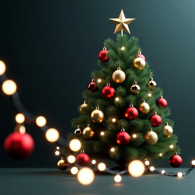 Christmas tree with gold star and lights