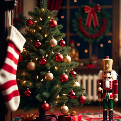 Christmas Tree with Nutcracker and Stocking