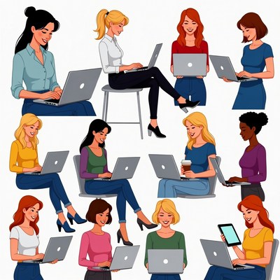 Diverse Women Working on Laptops Illustration