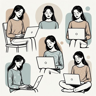 Asian woman working on laptop illustrations