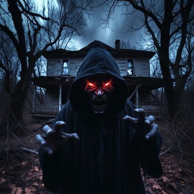Hooded Demon in Front of Haunted House