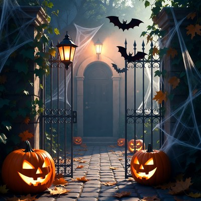 Spooky Halloween Gate with Pumpkins
