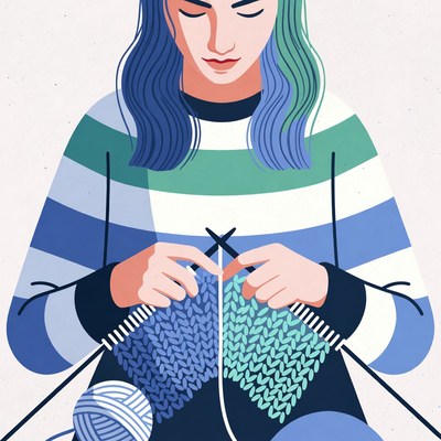 Woman knitting colorful yarn