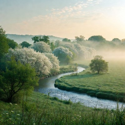 Cherry Blossom River in Misty Morning Landscape