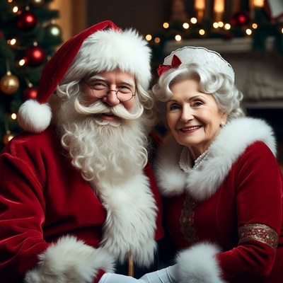 Smiling Santa Claus and Mrs. Claus by Christmas tree