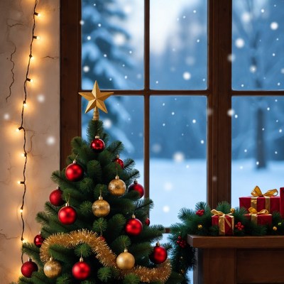 Christmas tree by snowy window
