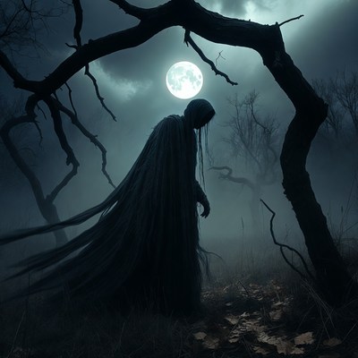 Hooded Figure Under Full Moon