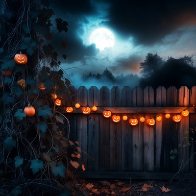 Halloween Fence with Pumpkins and Moon