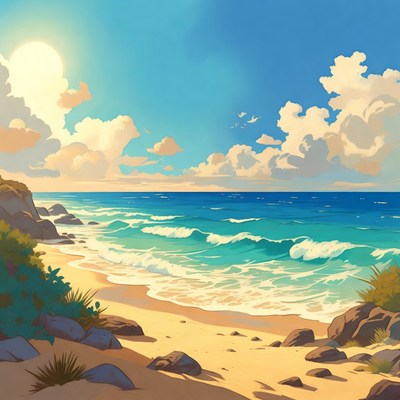 Sunny Beach with Waves and Cliffs