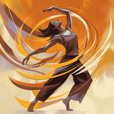 Woman dancing in orange swirls