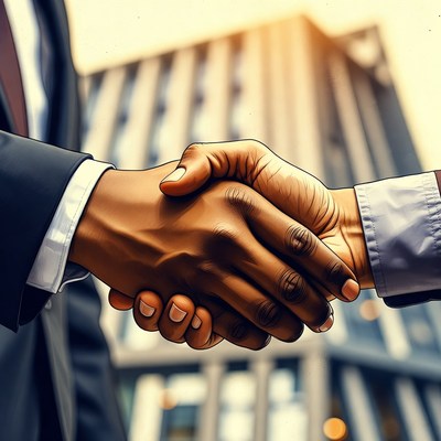 Businessmen shaking hands in city