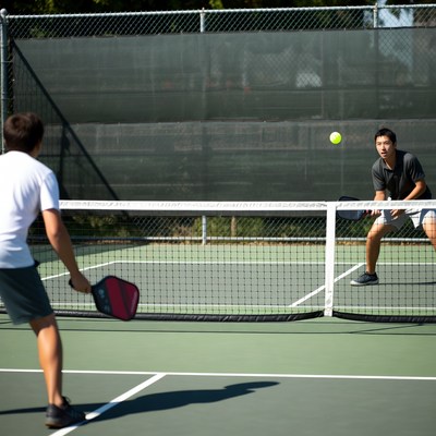 Two men playing pickleball