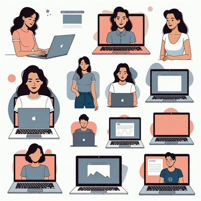 Asian Women Using Laptops Illustration
