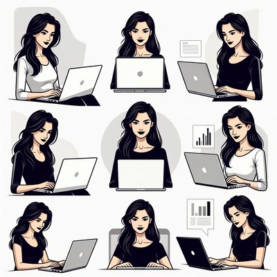 Asian Woman Typing on Laptop Illustration