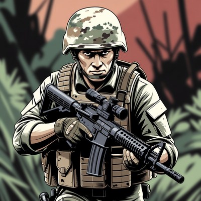 Soldier aiming rifle in jungle