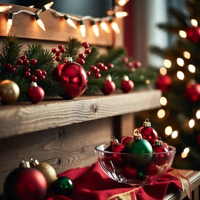 Christmas Ornaments on Wooden Shelf