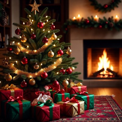 Christmas tree with gifts by fireplace