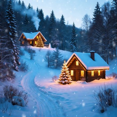 Snowy Cabins with Christmas Trees in Forest