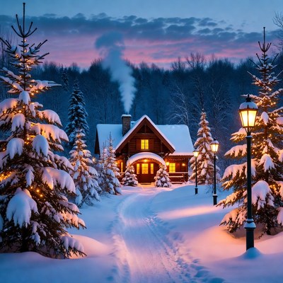 Snowy Cabin in Winter Forest