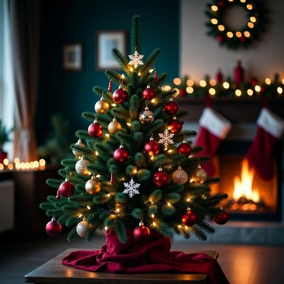 Small Christmas Tree by Fireplace