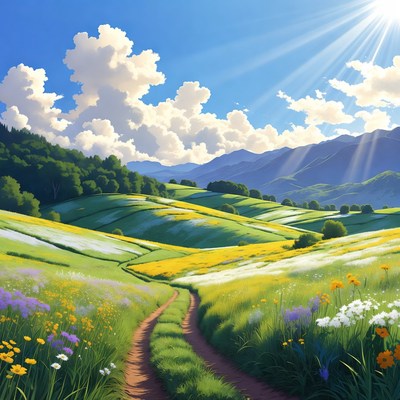 Sunny Mountain Valley with Winding Path