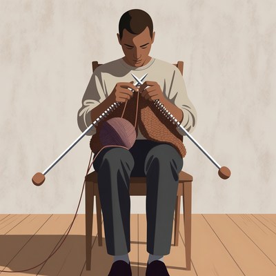 African-American man knitting yarn