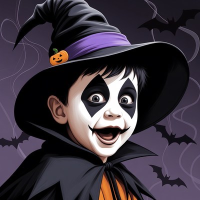 Boy in witch costume with pumpkin hat