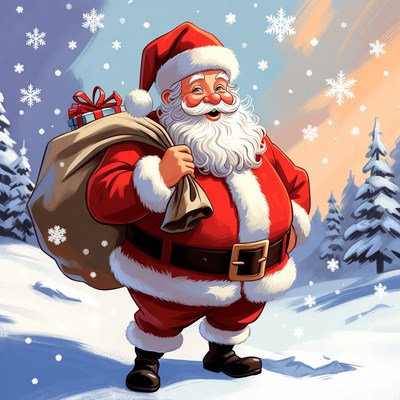 Santa Claus with sack and gift in snowy forest