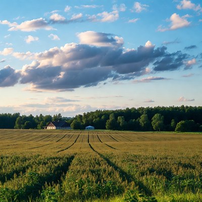 Golden Field with Farmhouse and Forest