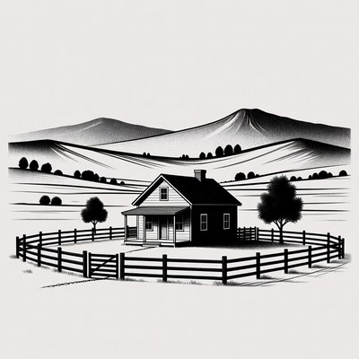 Black and white farmhouse with fence