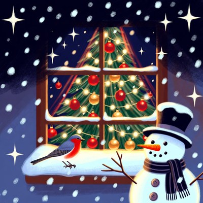 Snowman and Robin by Christmas Tree Window